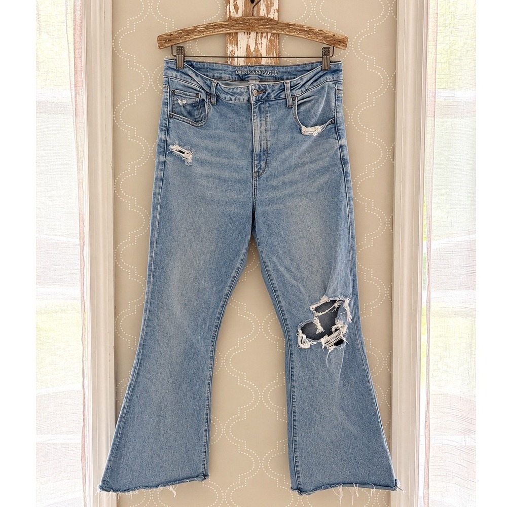 American Eagle Super High Rise Flare Distressed Light Wash Jeans 18 Long